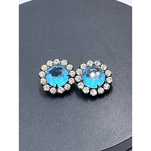 Kenneth Jay Lane Vintage Aquamarine Color‎ Button Clip Gunmetal Earrings - Picture 12 of 12